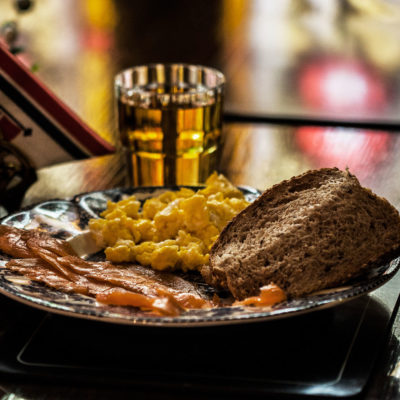 Rye Bread, Smoked Salmon, Scrambled Eggs and Apple Juice