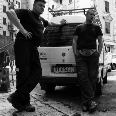 The Workers Andrea Meardi, Simone Podda and Federico Bignardi at the Building Site in Via Marsano